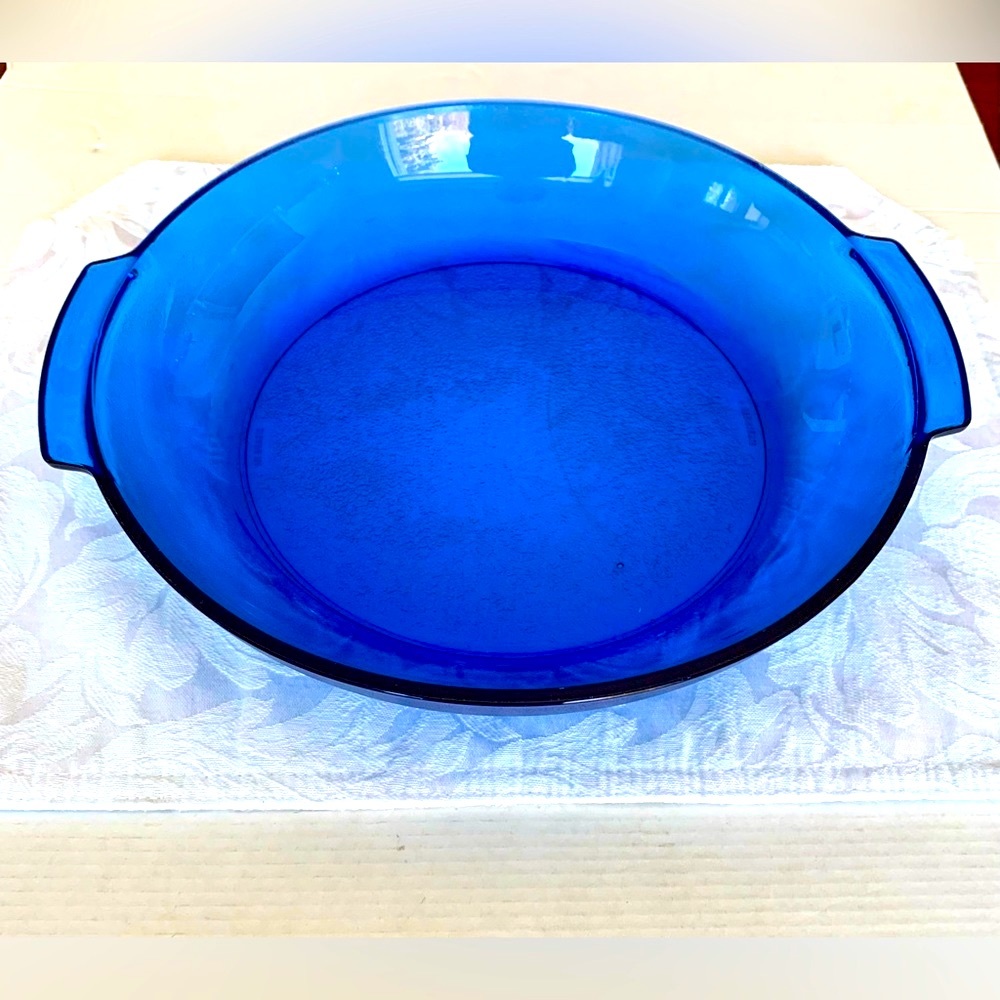 Cobalt blue glass deep round shaped serving plate with two handles serving dish
